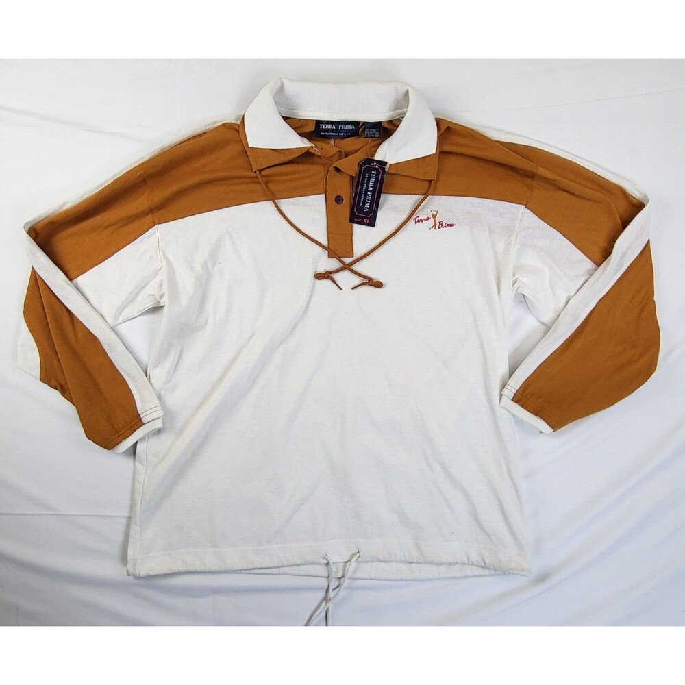Vintage Terra Prima Rugby Golf Shirt Mens XL White/Brown Sheer Long Sleeve Rare
